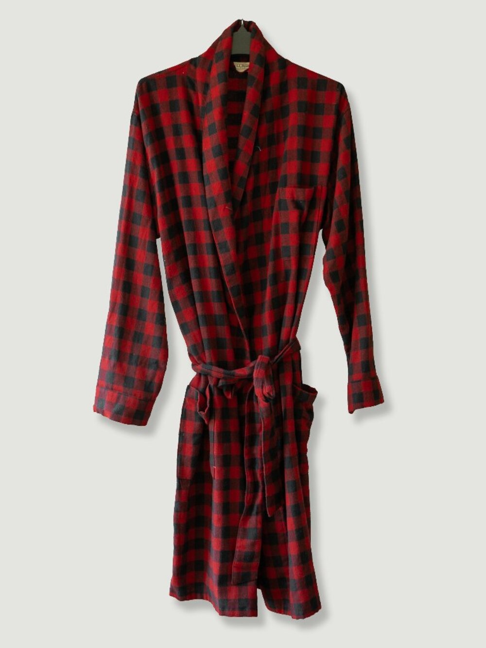 L.L. Bean Scoth Plaid Flannel Robe Red Black Buffalo Check Mid Thigh Tie Belt